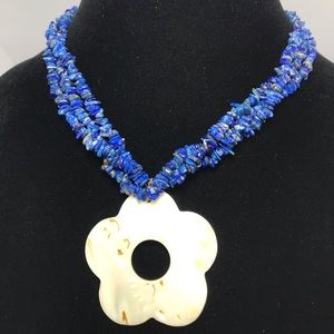 Lapis Lazuli, MOP Flower Pendant 3 Strand Necklace 925 Sterling Silver Clasp EVC